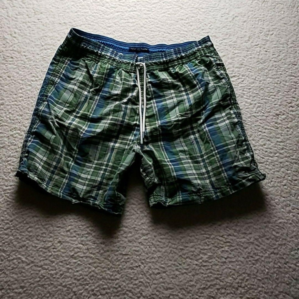 Tommy Hilfiger Swim Trunks Mens XL Green Plaid Lined Board Shorts Drawstring